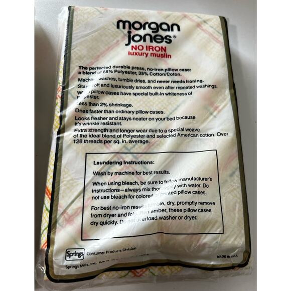 Vtg Morgan Jones Full Flat Sheet & Pillowcases Retro Tattersall Luxury Muslin - Picture 7 of 7